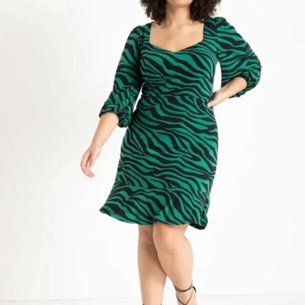 Eloquii green zebra animal print Puff Sleeve Flounce Dress, size 18